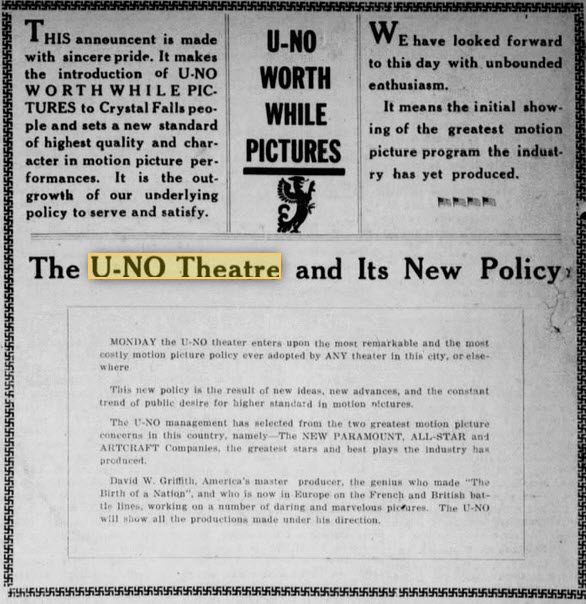 Uno Theatre - POLICY CHANGE NOV 3 1917